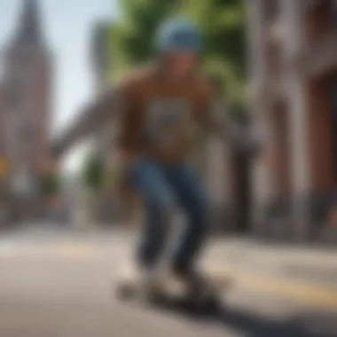 A dynamic scene of a skateboarder wearing a Minecraft long sleeve shirt