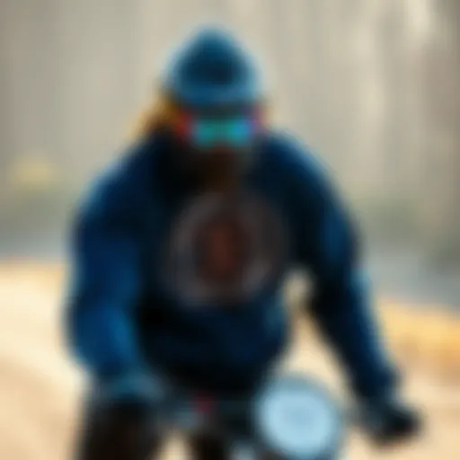 Navy blue graphic hoodie worn during extreme sports