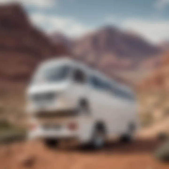 Close-up of white stacked vans on rugged terrain