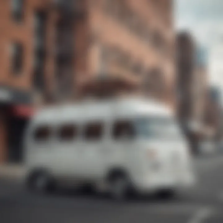 Stylish white stacked vans against an urban backdrop