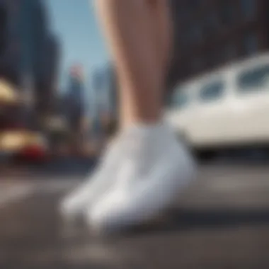 Urban Style with White Platform Vans White platform vans styled with an urban outfit against a city backdrop