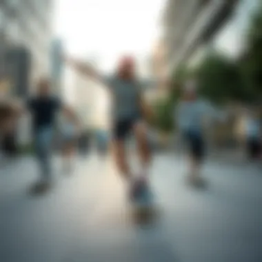 A diverse group of longboard dancers showcasing their skills in a lively urban setting