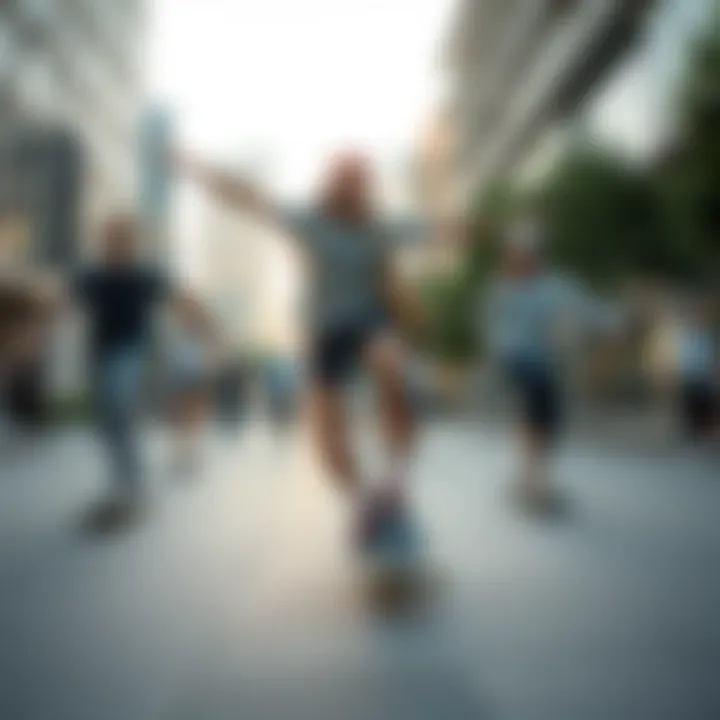 A diverse group of longboard dancers showcasing their skills in a lively urban setting