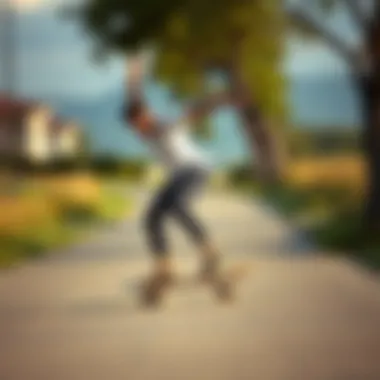 A graceful longboard dancer executing a fluid movement on a scenic outdoor path