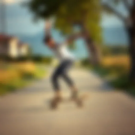 A graceful longboard dancer executing a fluid movement on a scenic outdoor path