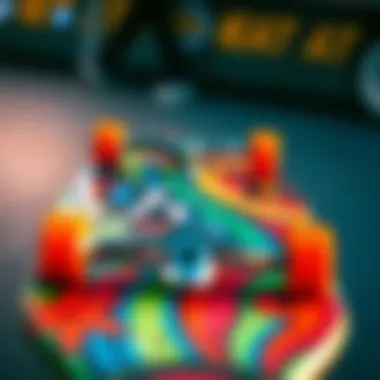 Close-up of unique longboard setup showcasing vibrant art and quality components