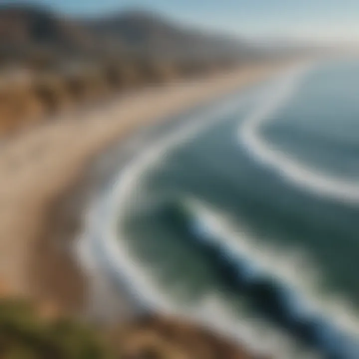 A panoramic view of Ventura's coastline dotted with beachgoers and surfers enjoying the sun.