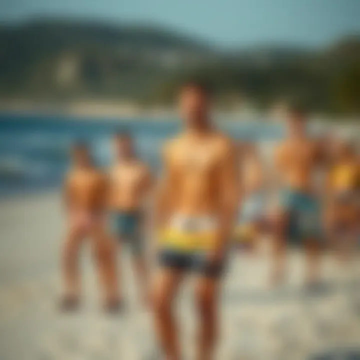 A stylish beach scene featuring diverse board shorts designs