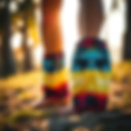 Vibrant board shorts displayed in a natural setting