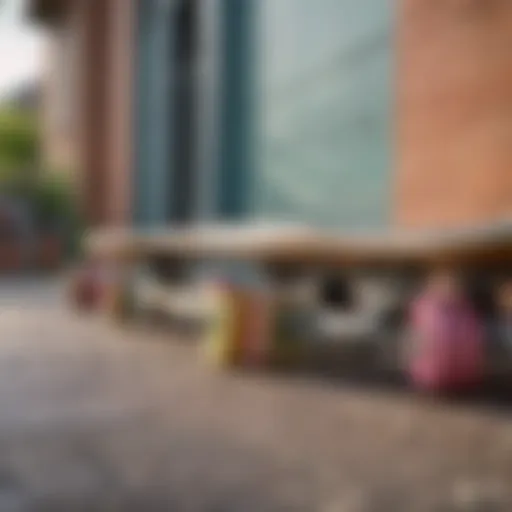 A vibrant display of various budget-friendly skateboards lined up on a sidewalk.