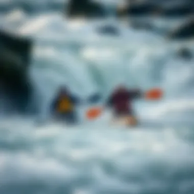 Navigating Intense Whitewater Kayakers navigating through intense whitewater