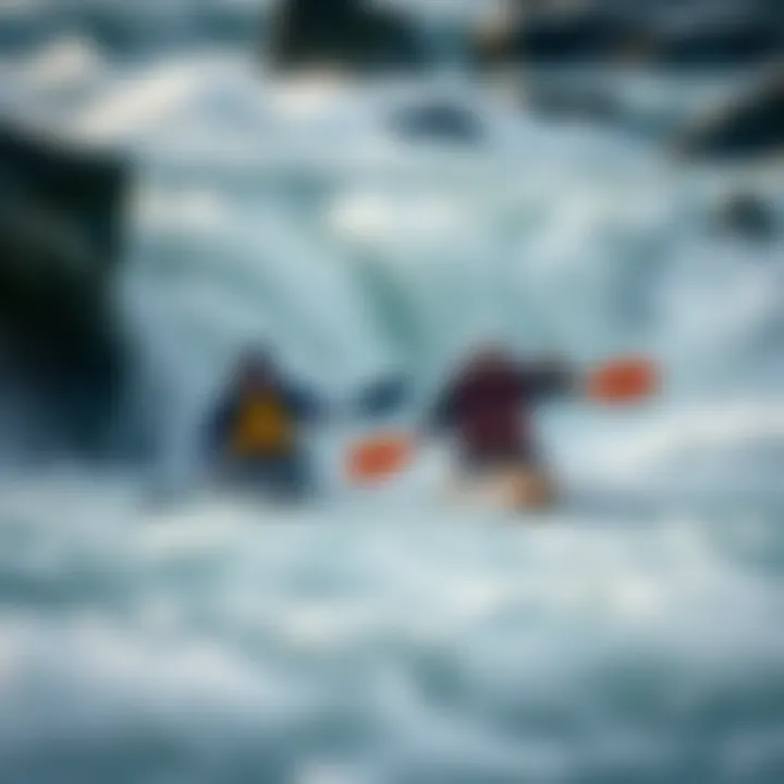 Navigating Intense Whitewater Kayakers navigating through intense whitewater