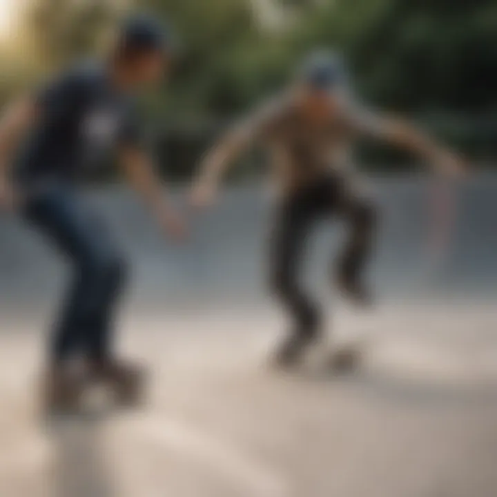 Two skaters performing tricks at a skate park