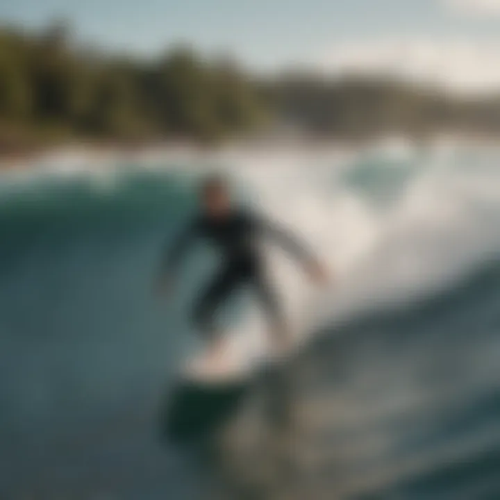 A surfer wearing the Billabong one piece while riding a wave in an extreme sports setting.