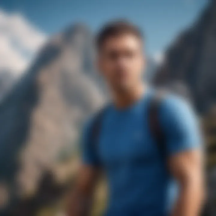 A scenic view of a mountain climber wearing a blue t-shirt.