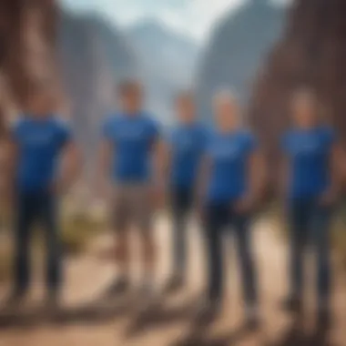 A group of extreme sports enthusiasts showcasing their blue t-shirts.