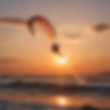 A group of adrenaline seekers engaging in kite surfing against a vibrant sunset