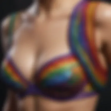A close-up of the intricate designs on a rainbow bra, highlighting style and functionality