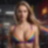 A vibrant rainbow bra displayed prominently against a backdrop of extreme sports gear