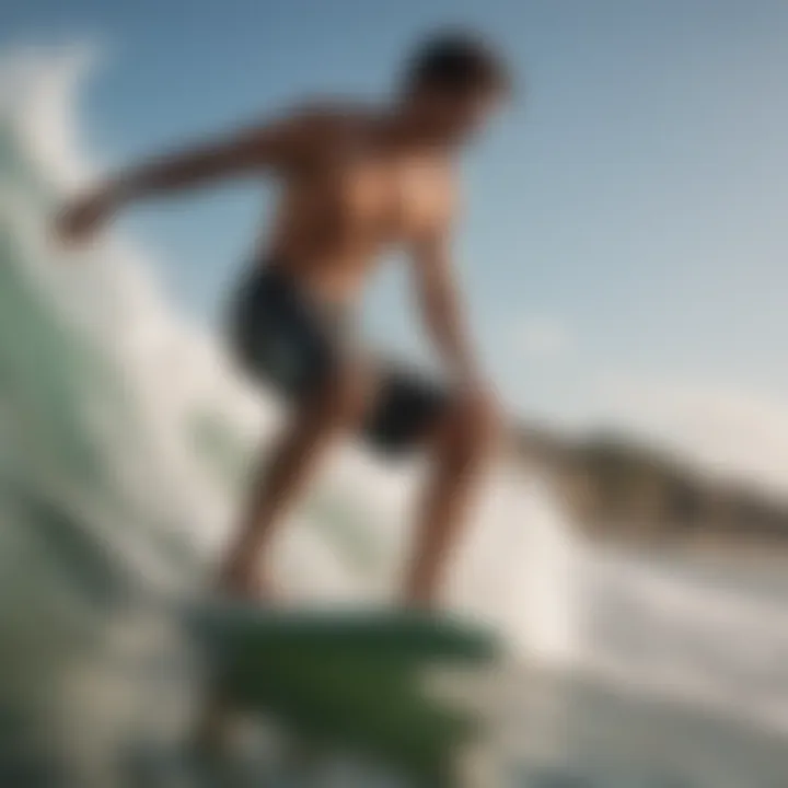 Action shot of a surfer wearing board shorts