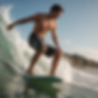 Surfer in Action Wearing Board Shorts Action shot of a surfer wearing board shorts