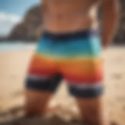 Vibrant board shorts displayed on a sandy beach