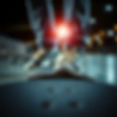 Close-up of skate shoes on a skateboard deck