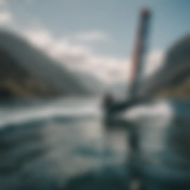 A scenic view of wind hydrofoiling in action against a picturesque backdrop