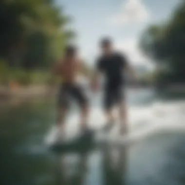 A trainer demonstrating techniques to a novice wakeboarder on the water