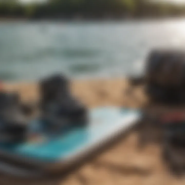 Close-up of wakeboarding gear and equipment laid out on the shore