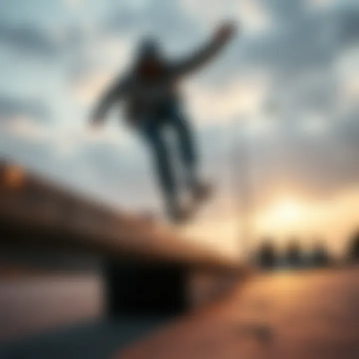 Beginner Developing Skills on Low Rail A beginner practicing balance on a low skateboard rail