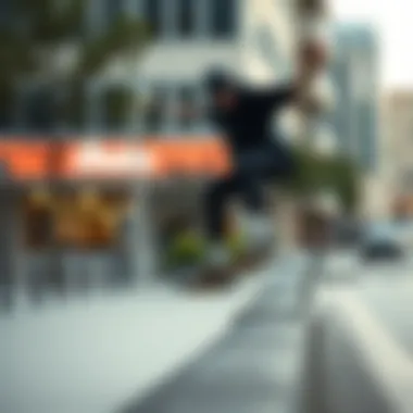 Skater Executing a Trick on Low Rail Skater performing a trick on a low rail in an urban setting