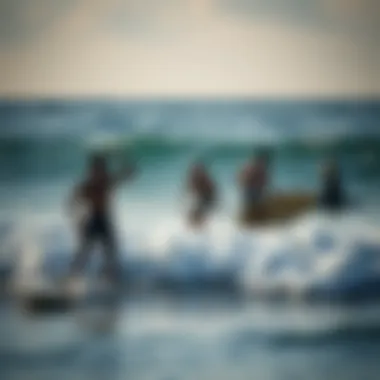 A group of skimmer board enthusiasts enjoying the waves