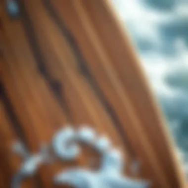 Close-up of the intricate design patterns of a wooden skimmer board