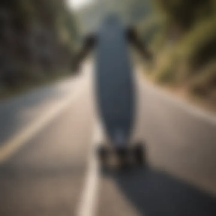 Dynamic view of a black longboard in action on a winding road