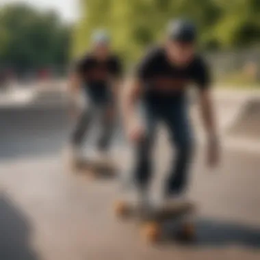 Group of longboarders sharing experiences at a local skate park