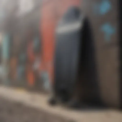 Sleek black longboard leaning against a graffiti wall