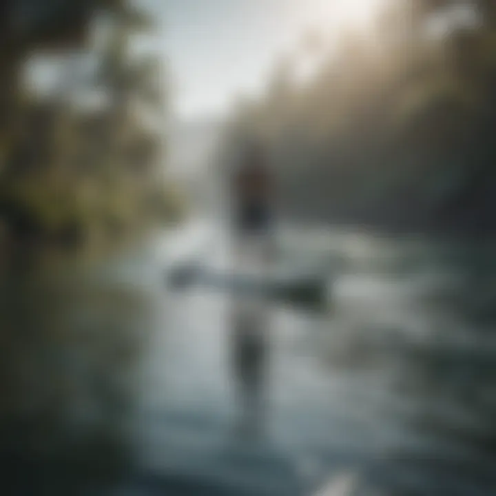 A paddle boarder navigating through calm waters