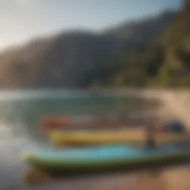 Various types of paddle boards lined up on the shore