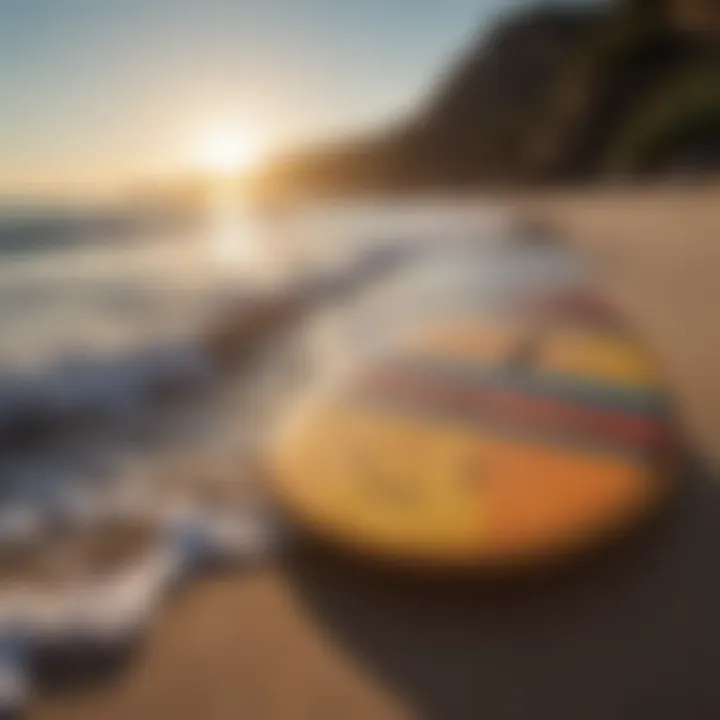 An array of hybrid skimboards displayed on the beach