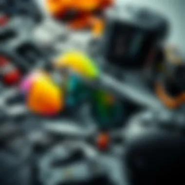 Diverse extreme sports gear laid out with super black sunglasses prominently featured