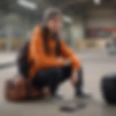 Athlete with Vans Checkered Bag An extreme sports athlete with a Vans checkered bag at a skatepark.