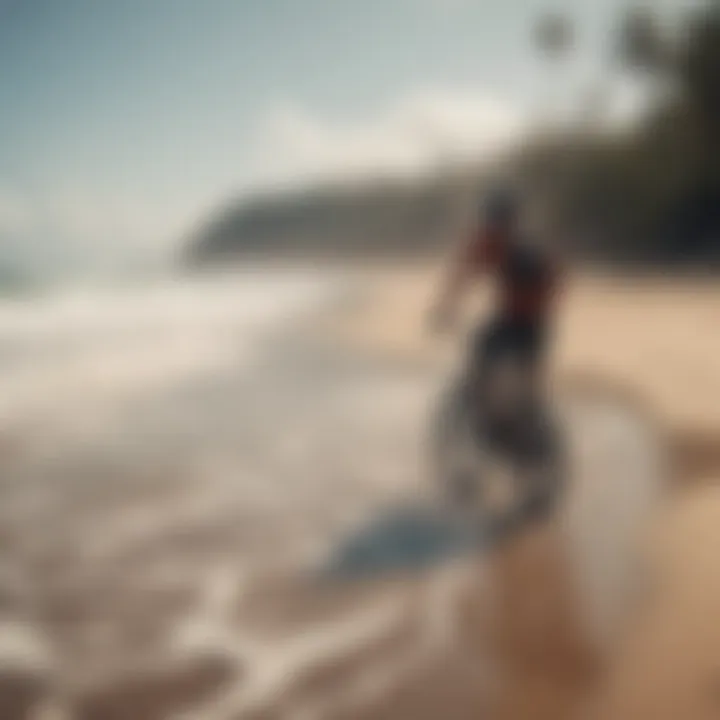 A cyclist enjoying a ride with a surfboard secured on a bicycle rack at a beach location