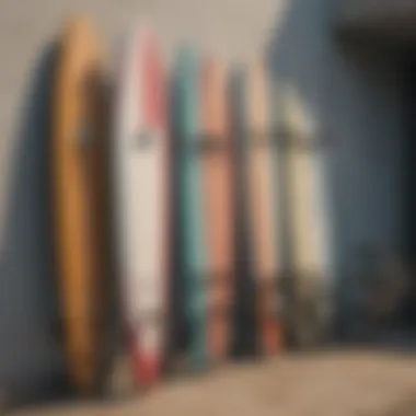 Various types of surfboard racks designed for bicycles displayed in an outdoor setting