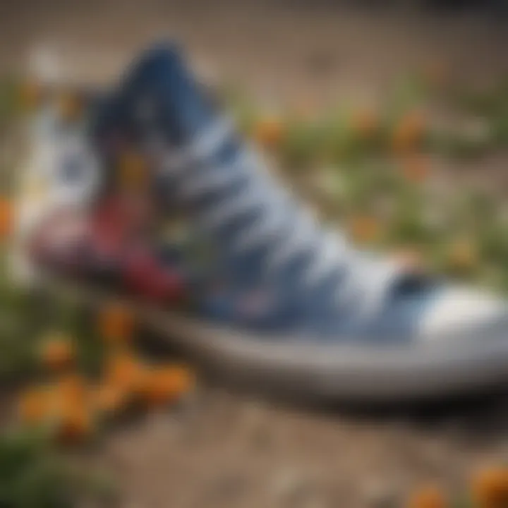 Close-up of intricate floral patterns on Converse sneakers against a natural backdrop