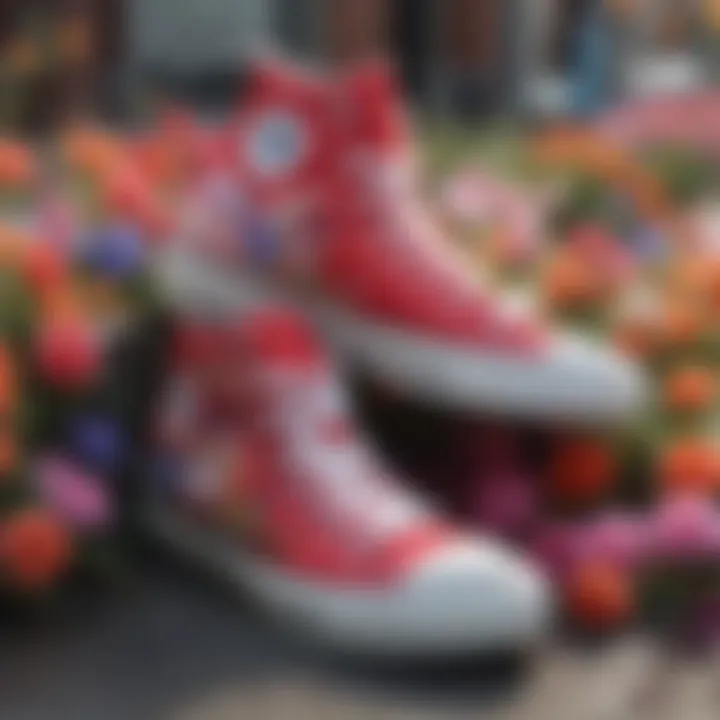 Colorful Converse high-tops adorned with spring flowers in a vibrant urban setting