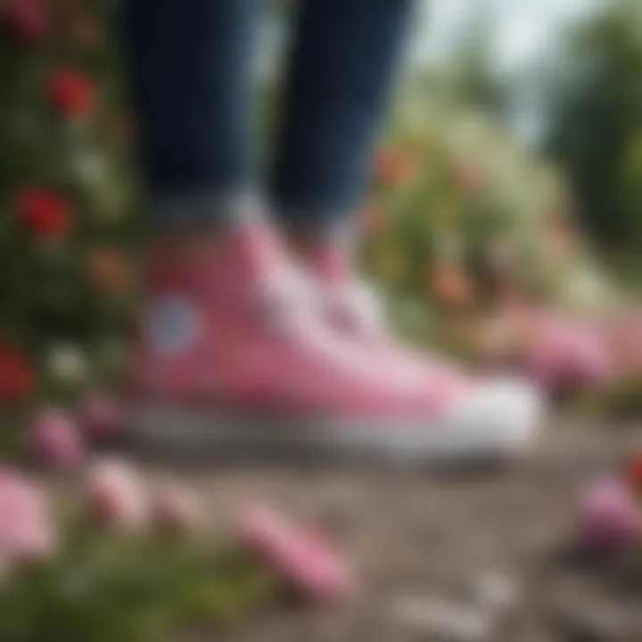 Stylish individual wearing Converse high-tops surrounded by blooming flowers