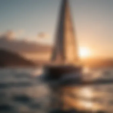 An elegant yacht sailing peacefully with wind-filled sails against a sunset backdrop