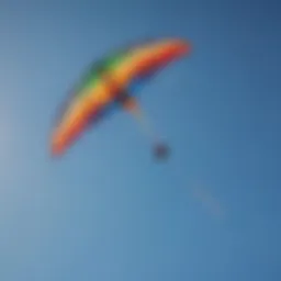Colorful single line parafoil kite soaring in a clear blue sky