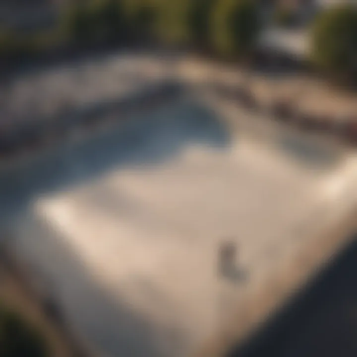 An aerial view of a local skate park filled with diverse skaters